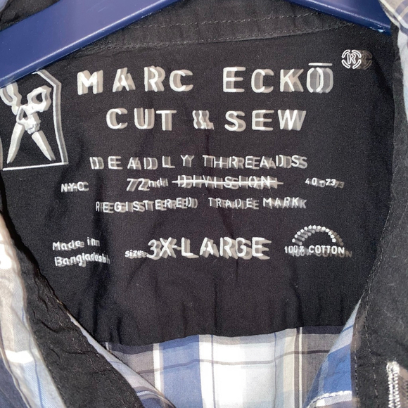 Men's Marc Ecko Cut & Sew Short Sleeve Button Down Plaid Shirt Blue/Gray 3XL - Picture 3 of 3